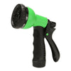 Pistola de agua para jardín multiuso negra y verde lima con boquilla cónica y plana.