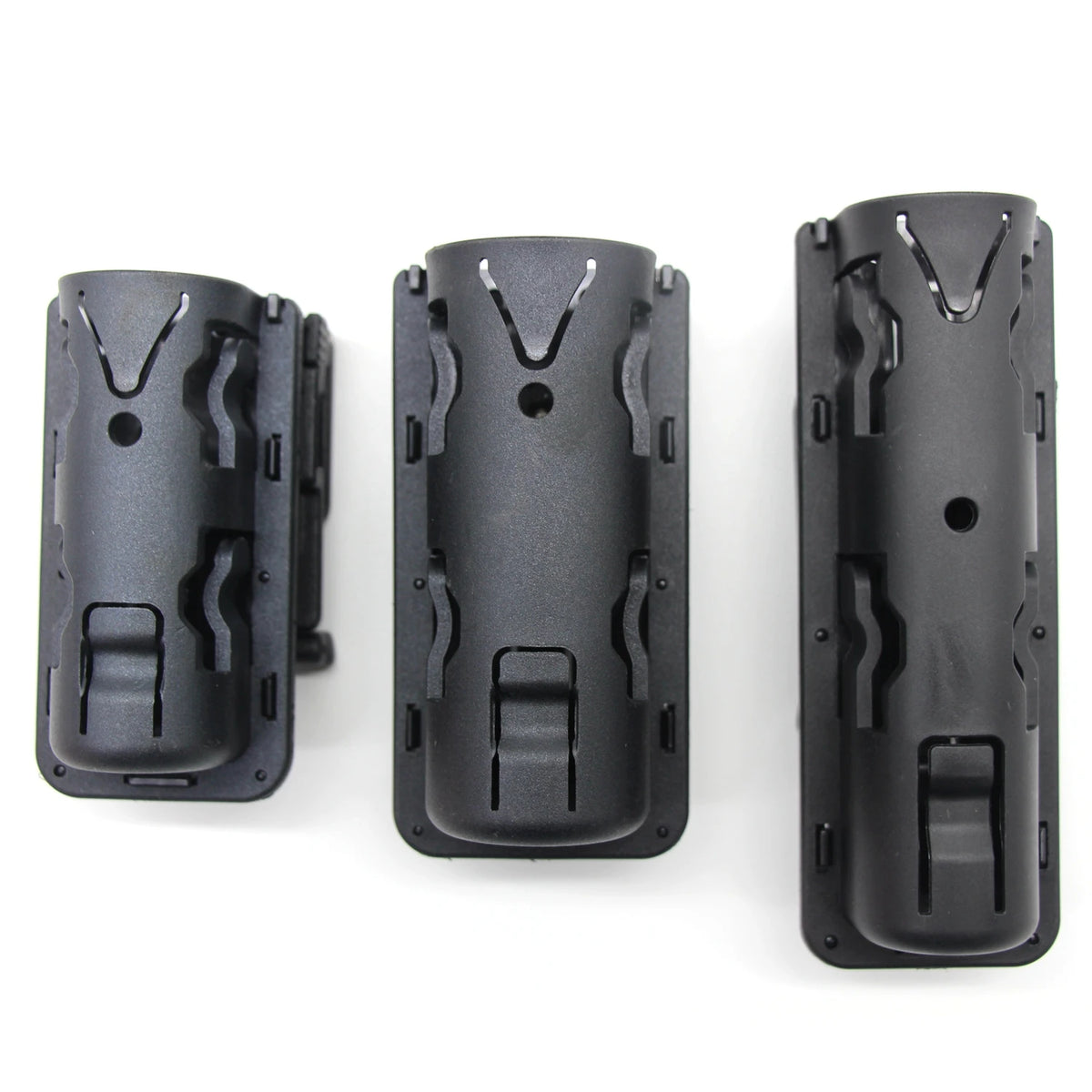 Three views of a black tactical baton and flashlight holder with textured grips