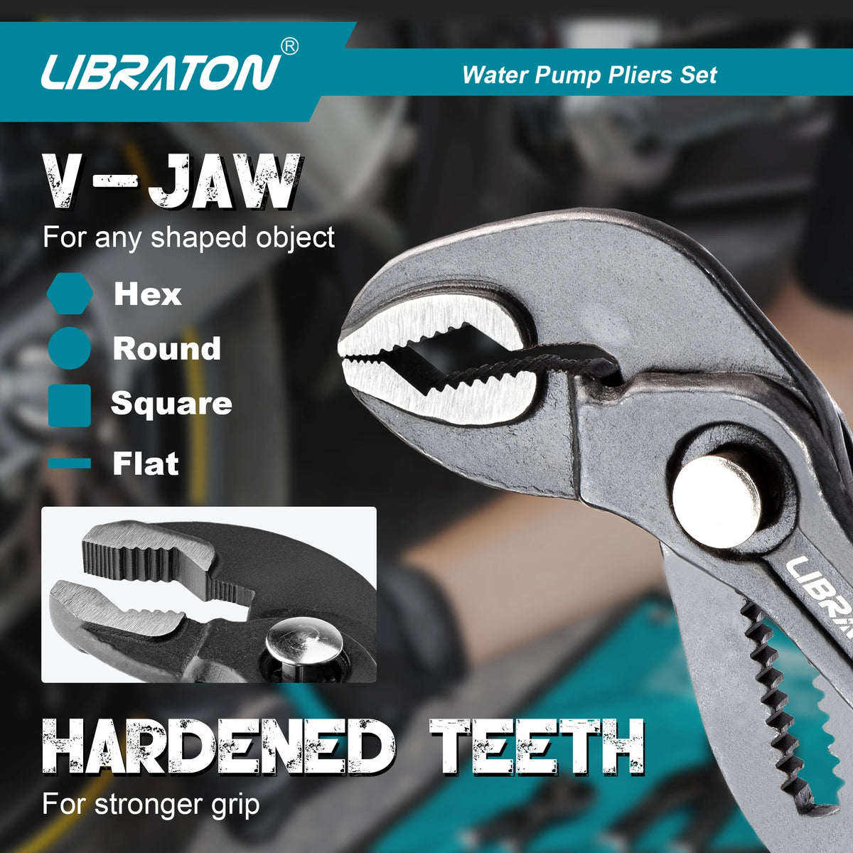 Close-up of a V-jaw water pump pliers set with hardened teeth for gripping various shaped objects.