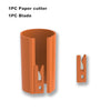 An orange sliding wrapping paper cutter and blade set shown separately.