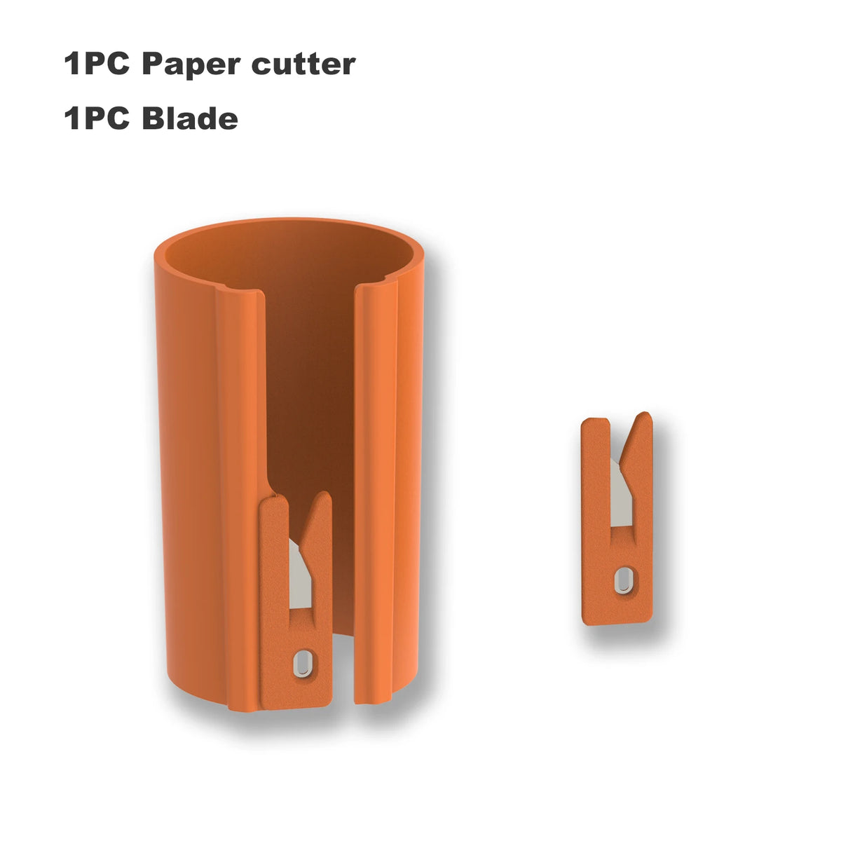 An orange sliding wrapping paper cutter and blade set shown separately.