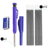 A set of twelve purple plastic erasers and one pencil with refill for a precision carpenter pencil set