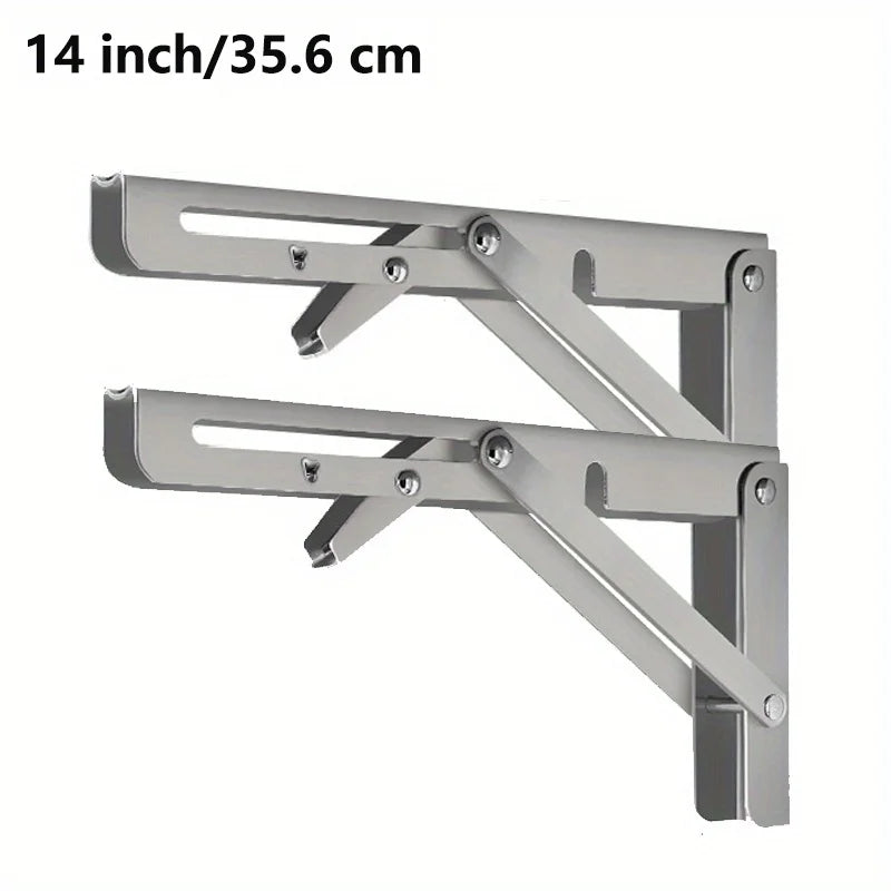 Silver steel folding shelf brackets measuring 14 inches or 35.6 cm