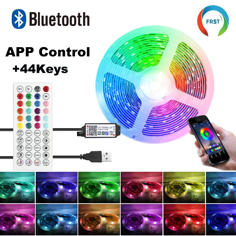 A hand holds a smartphone next to an RGB LED fan and a wireless controller for app control.