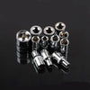 A collection of twelve chrome-plated socket wrenches arranged on a dark, reflective surface.
