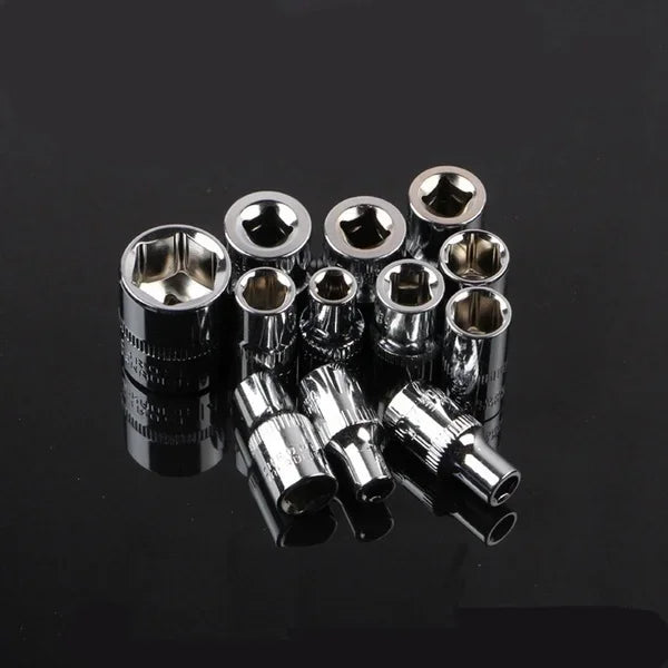 A collection of twelve chrome-plated socket wrenches arranged on a dark, reflective surface.