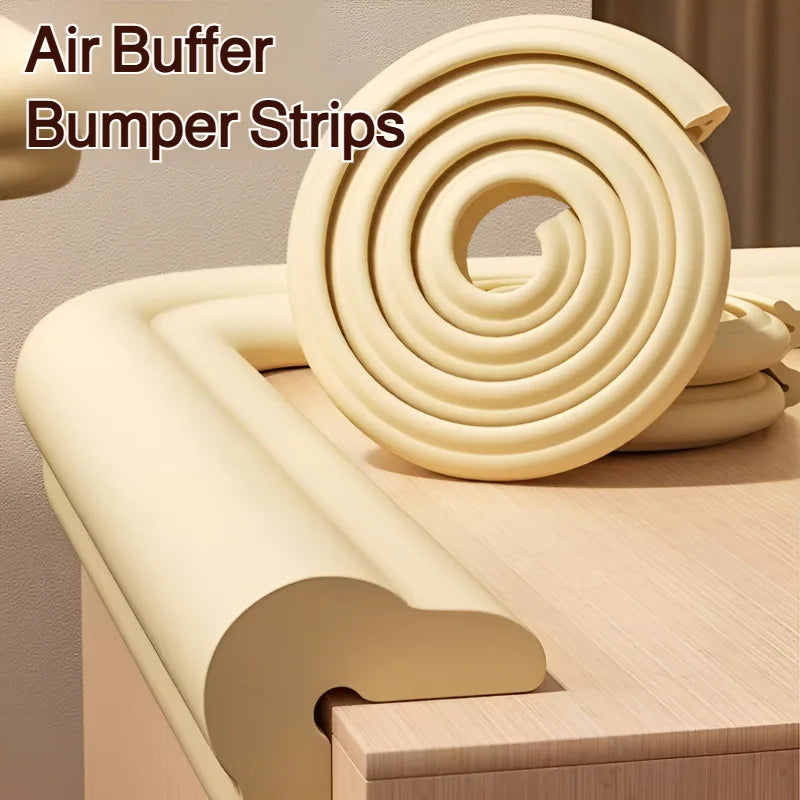 Rolls of beige air buffer bumper strips used as durable baby safety corner and table edge guards