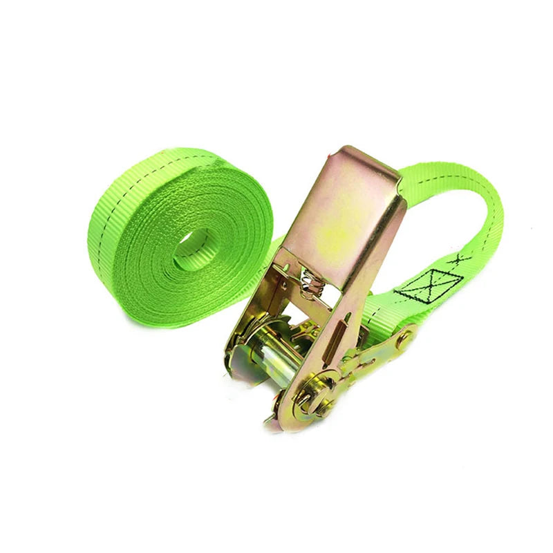 A roll of bright lime green heavy duty tensioning cargo straps with a plastic clip and strap.