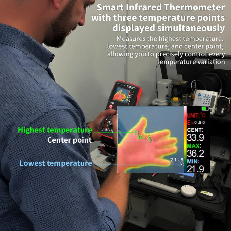 Eine Person benutzt ein smartes Infrarhtthermometer, um die Temperaturpunkte an einer Hand zu messen.