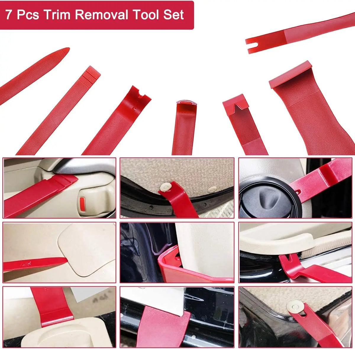 A set of seven red trim removal tools for car doors, including various plastic and metal pieces.