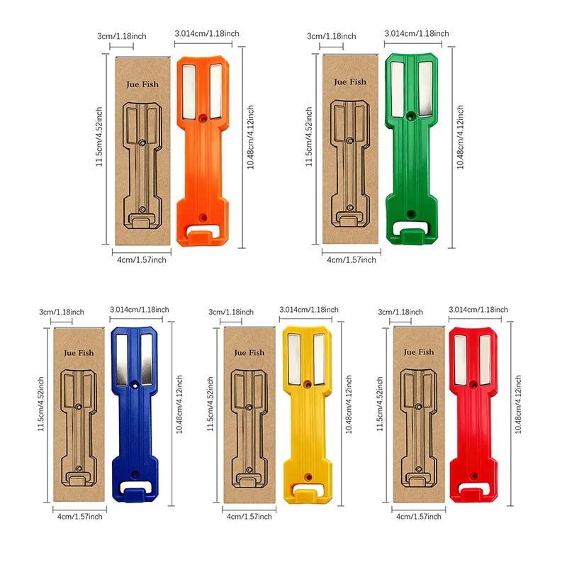 A set of five magnetic spray can holders in various colors including orange, green, blue, yellow, and red.
