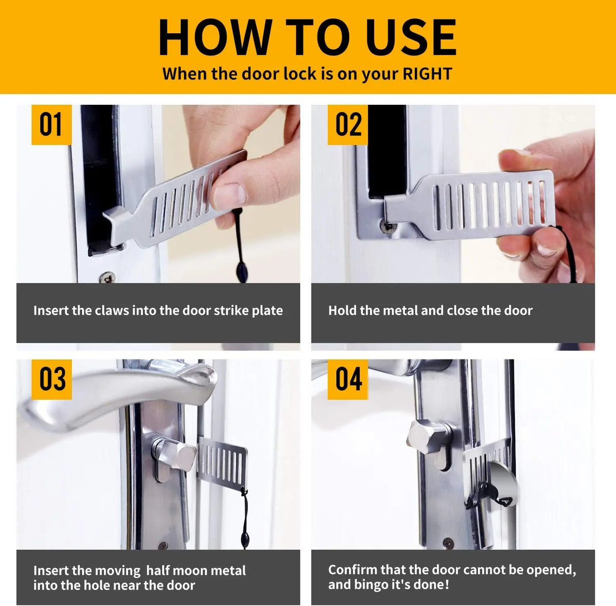 A four-step guide showing how to use a portable door lock for travel and security on a white door.