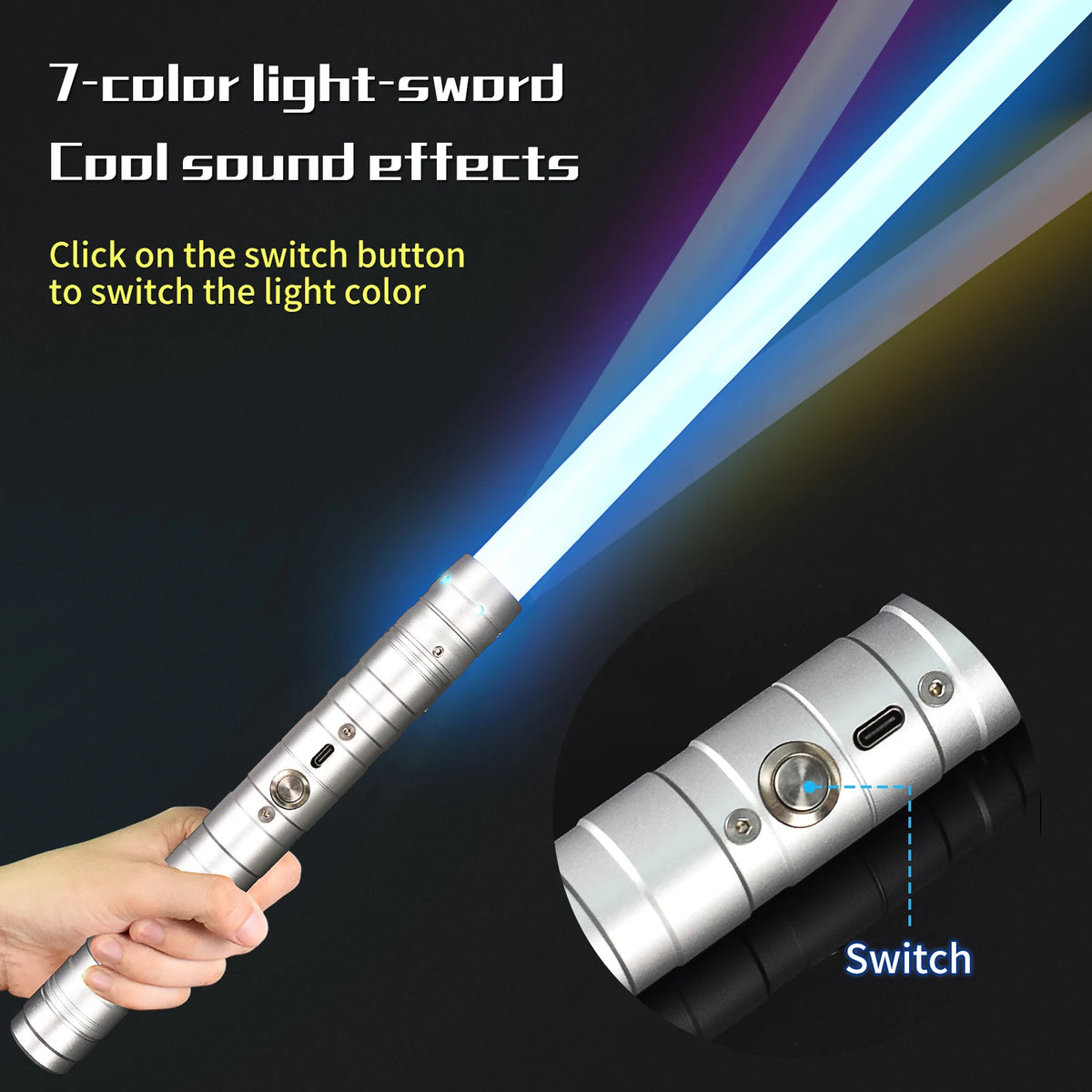 A hand holds a 7-color light-sword with a switch to change the light color and sound effects.