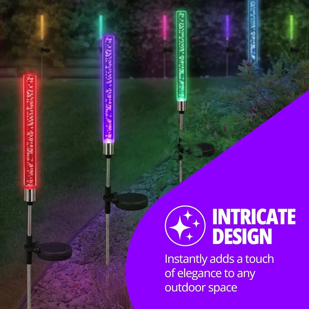 Vertikale Solar-LED-Blasenleuchten für Gartenwege, die einen Weg mit farbenfrohen Lichtern beleuchten.