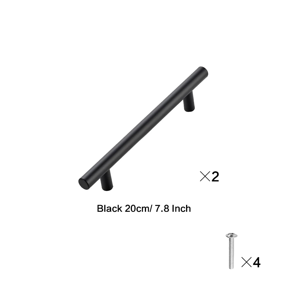 Two black cabinet handles and four small screws are shown.