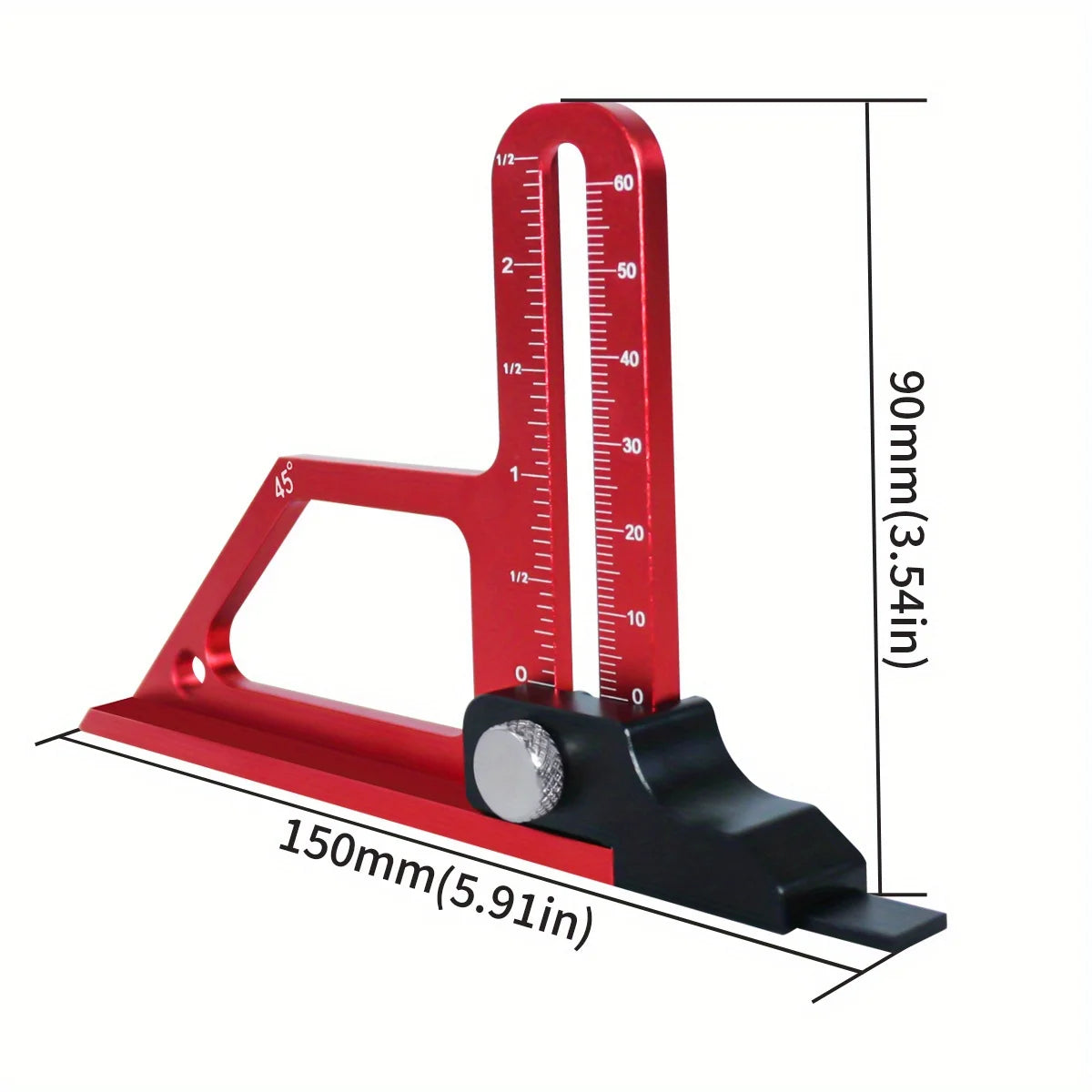 A red precision depth gauge with a graduated scale and a black base, showing measurements in millimeters and inches.