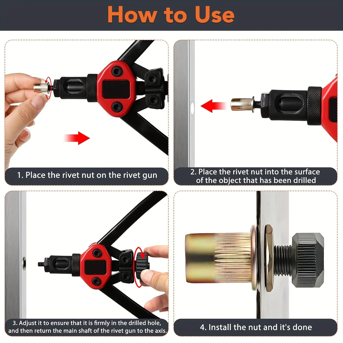 Instructions showing how to use a professional steel rivet nut gun to install a rivet nut on a drilled object.
