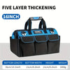 A black and blue five-layer thickening tool bag with handles and measurements displayed.