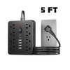 A black 8-outlet surge protection power strip with 6 USB ports and a power cord, labeled 5 FT.