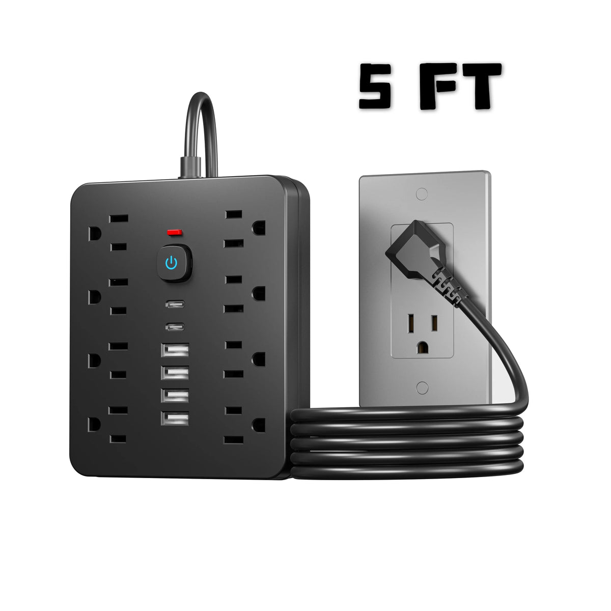 A black 8-outlet surge protection power strip with 6 USB ports and a power cord, labeled 5 FT.