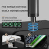 A precision screwdriver kit with five torque settings and a strong magnetic motor shown alongside battery details.
