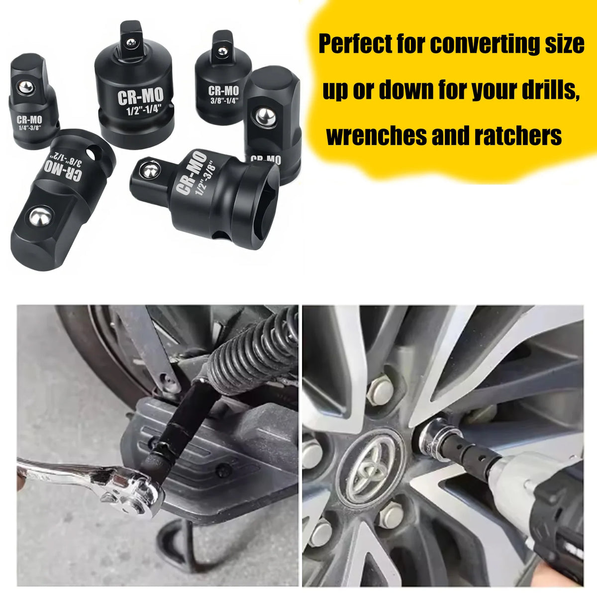 A set of CR-MO precision socket adapters and reducers for converting drill bits, wrenches, and ratchets.