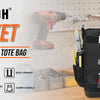 Schwarze Melotough 44-Taschen Werkzeugtasche mit großer Kapazität neben verschiedenen Werkzeugen und Materialien