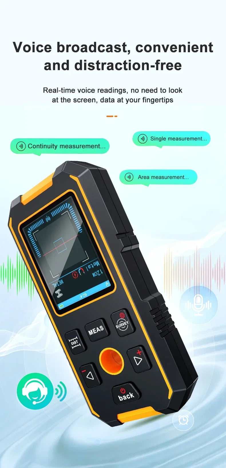A black wall penetration detector device is shown, featuring a digital screen and various buttons.