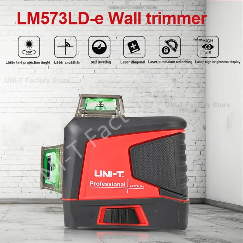 A black and red LM573LD-e wall trimmer laser level tool is displayed against a white brick wall.