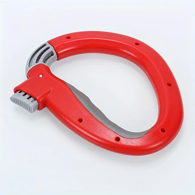 Porta bolsas de supermercado ergonómico rojo con agarre y transportador gris para fácil traslado.