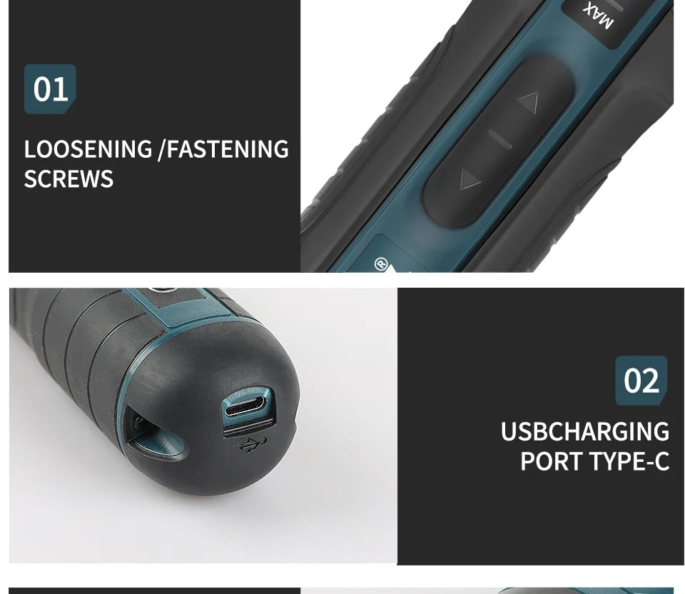 Close-up view of a black cordless electric screwdriver with a textured grip and a visible USB charging port.