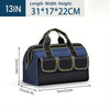 A navy blue tool storage bag with black accents and yellow stitching shown flat.