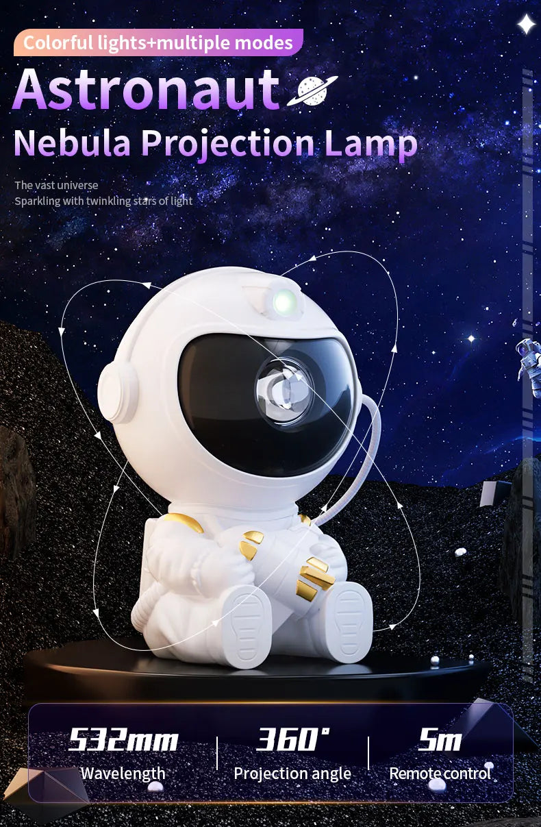 A white astronaut projection lamp with a visor and suit, projecting a nebula pattern against a dark background.
