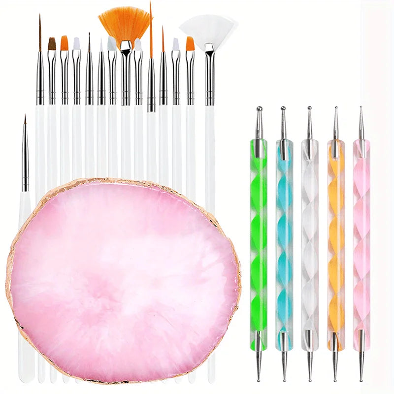 A set of professional nail art brushes including various sizes and shapes for acrylic and gel applications.
