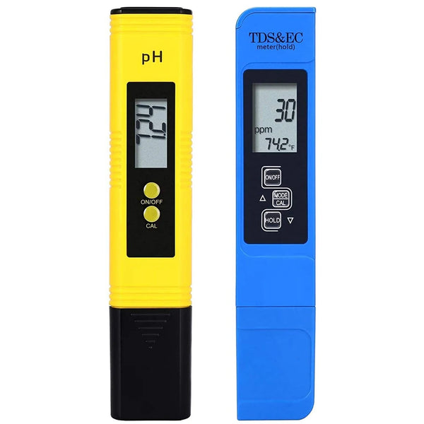 A yellow and blue digital pH and TDS water quality meter device.