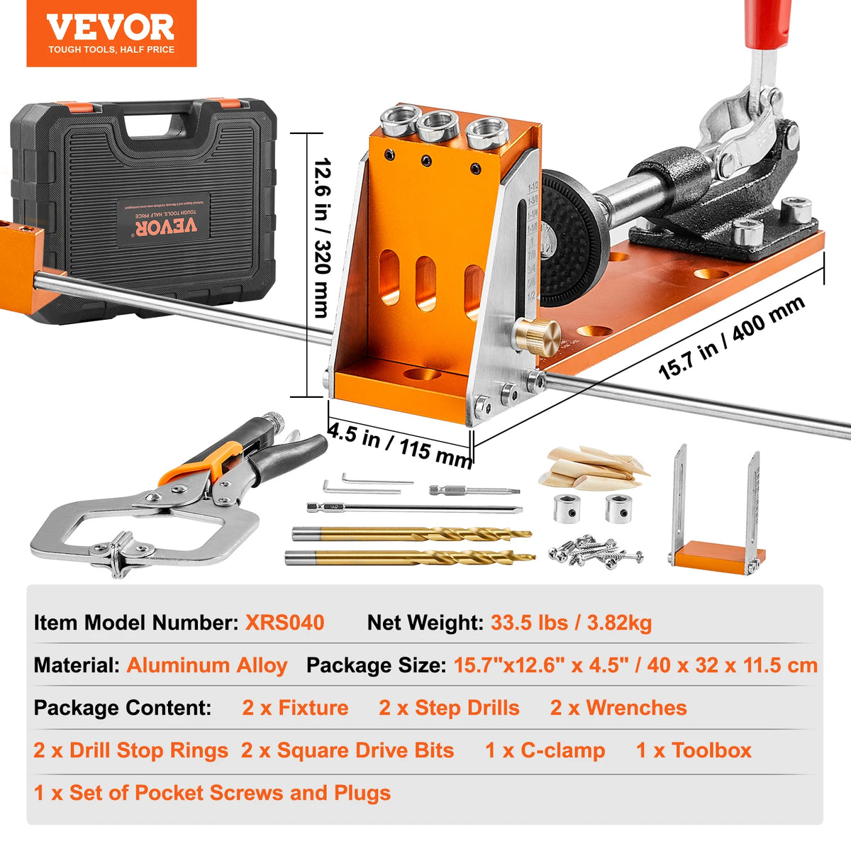 An orange and silver precision pocket hole jig kit for woodworking featuring fixtures, drills, wrenches, and various bits.