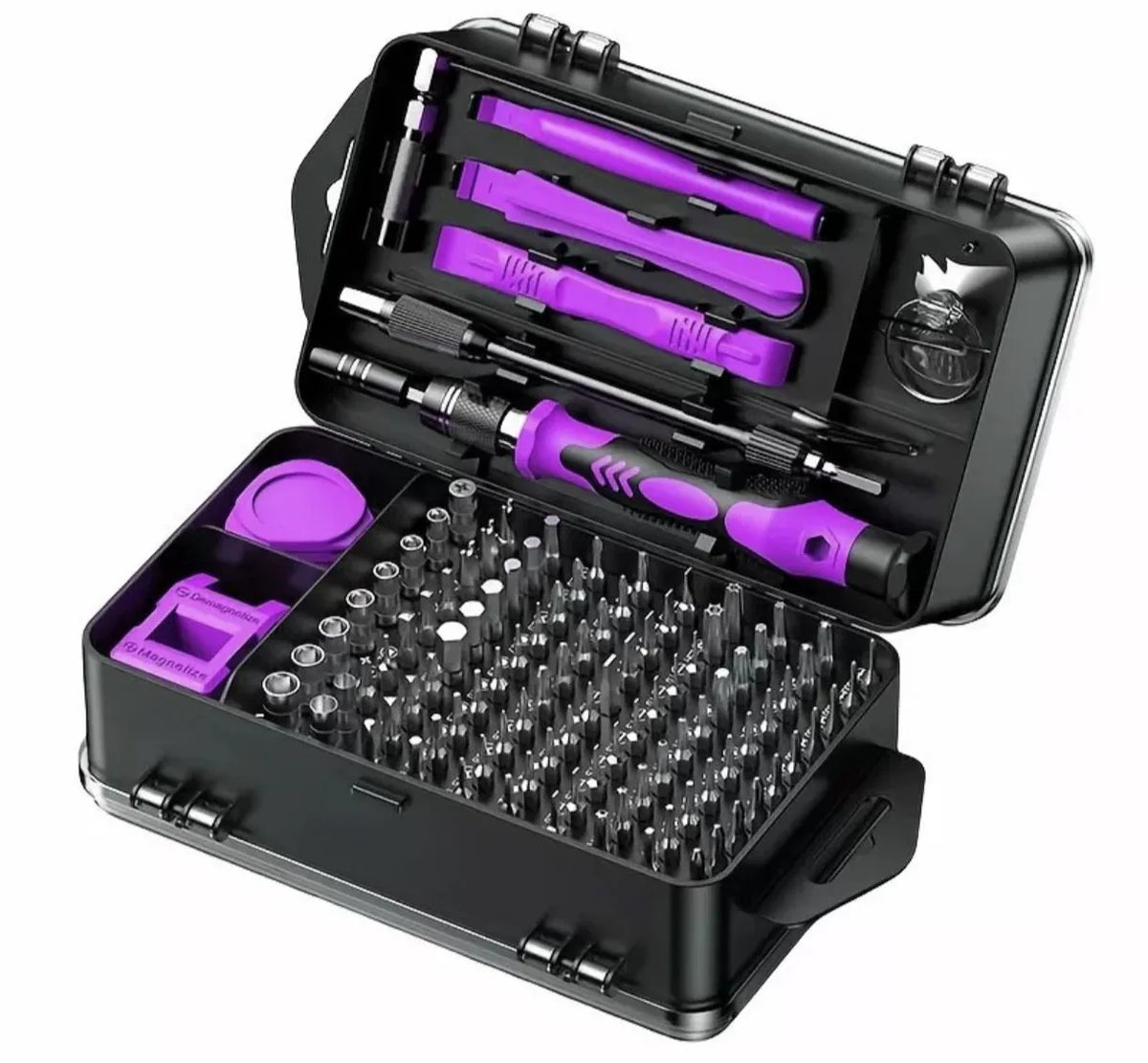 A black case containing an 11-in-1 precision screwdriver set with multi-angle tools and purple handles.