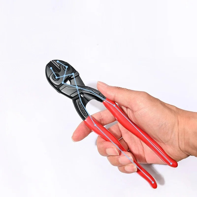 A hand holds a black and red heavy-duty bolt cutter with spring and notch features.