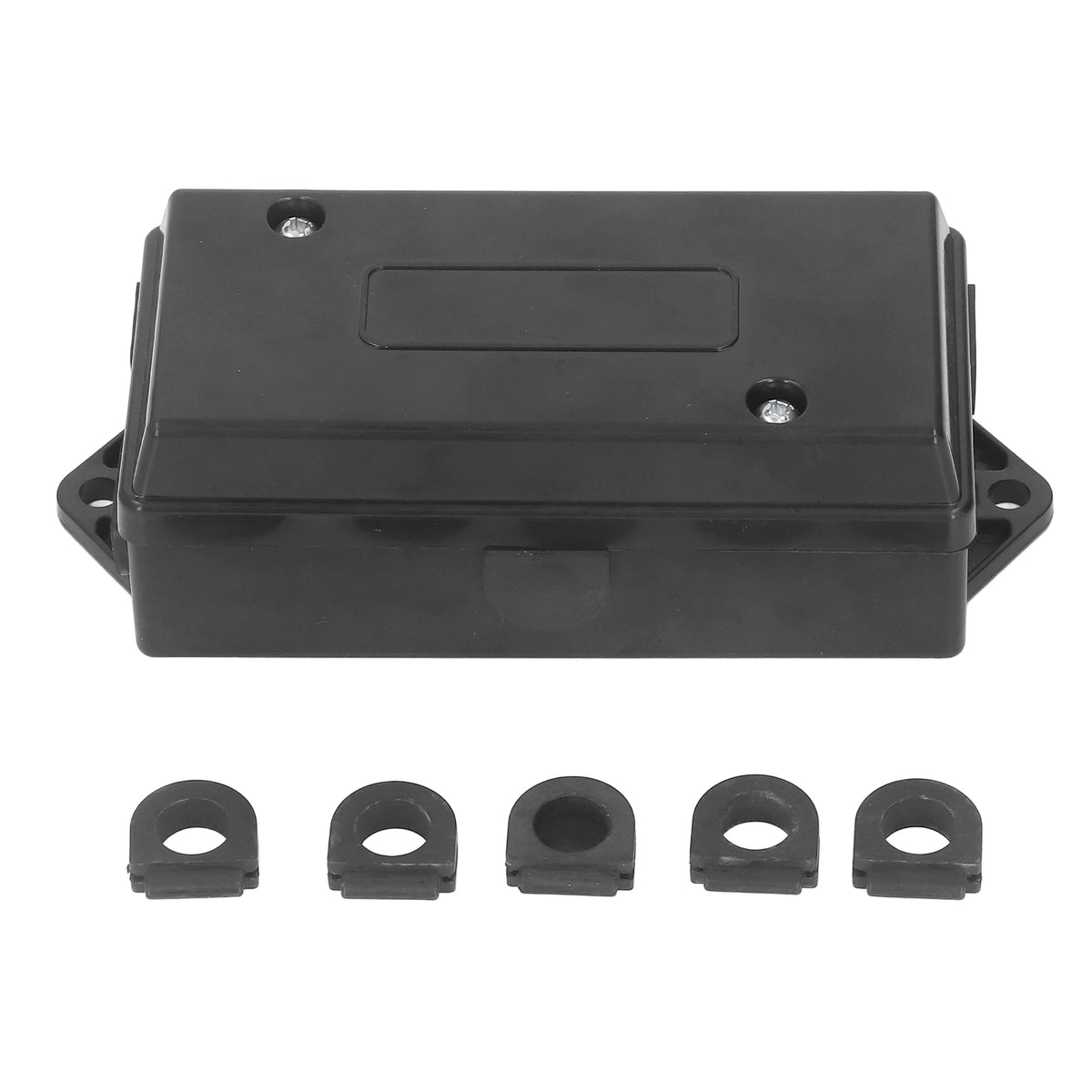 Black 7-way waterproof distribution block for power connectors with multiple female connectors.