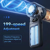 A portable handheld turbo fan with a digital display is shown, demonstrating 199-speed adjustment and a blue light effect.