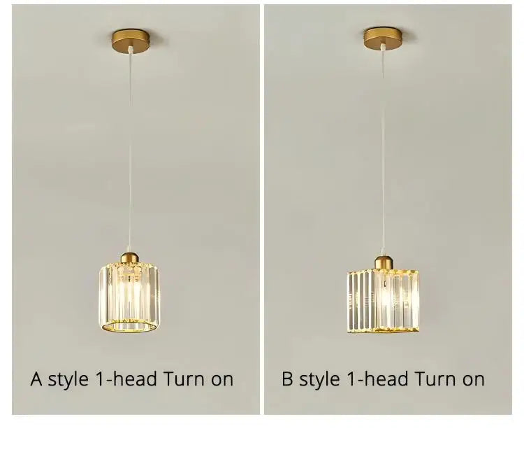 Zwei moderne Kristall-LED-Pendelleuchten, eine im A-Stil und eine im B-Stil, montiert an der Wand.