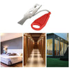 A silver portable double hole door lock with a chain and red handle shown next to interior and exterior door contexts.