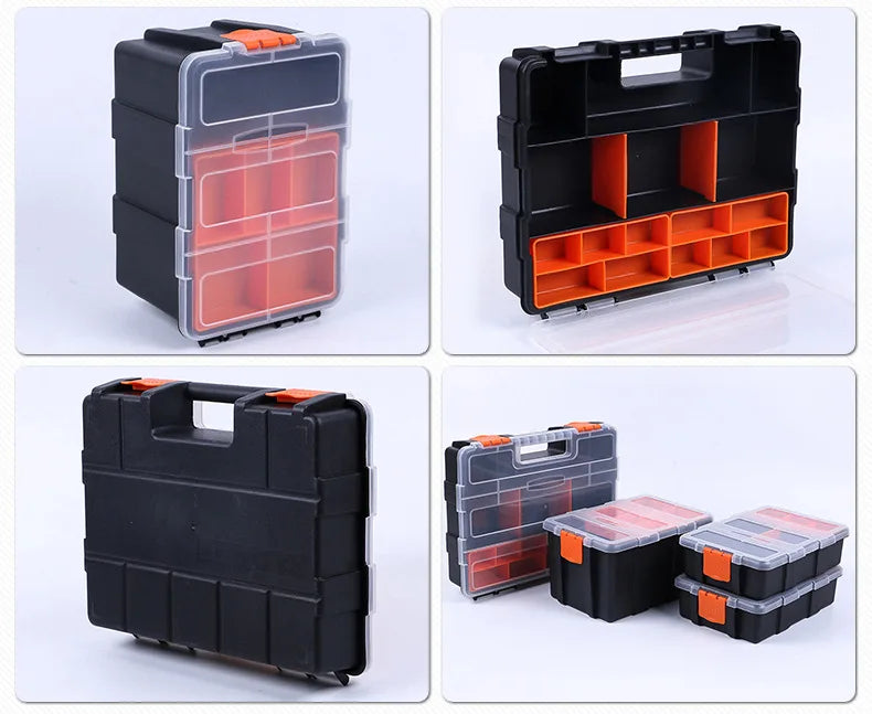 A set of durable plastic hardware organizer boxes in black and orange colors shown from various angles.