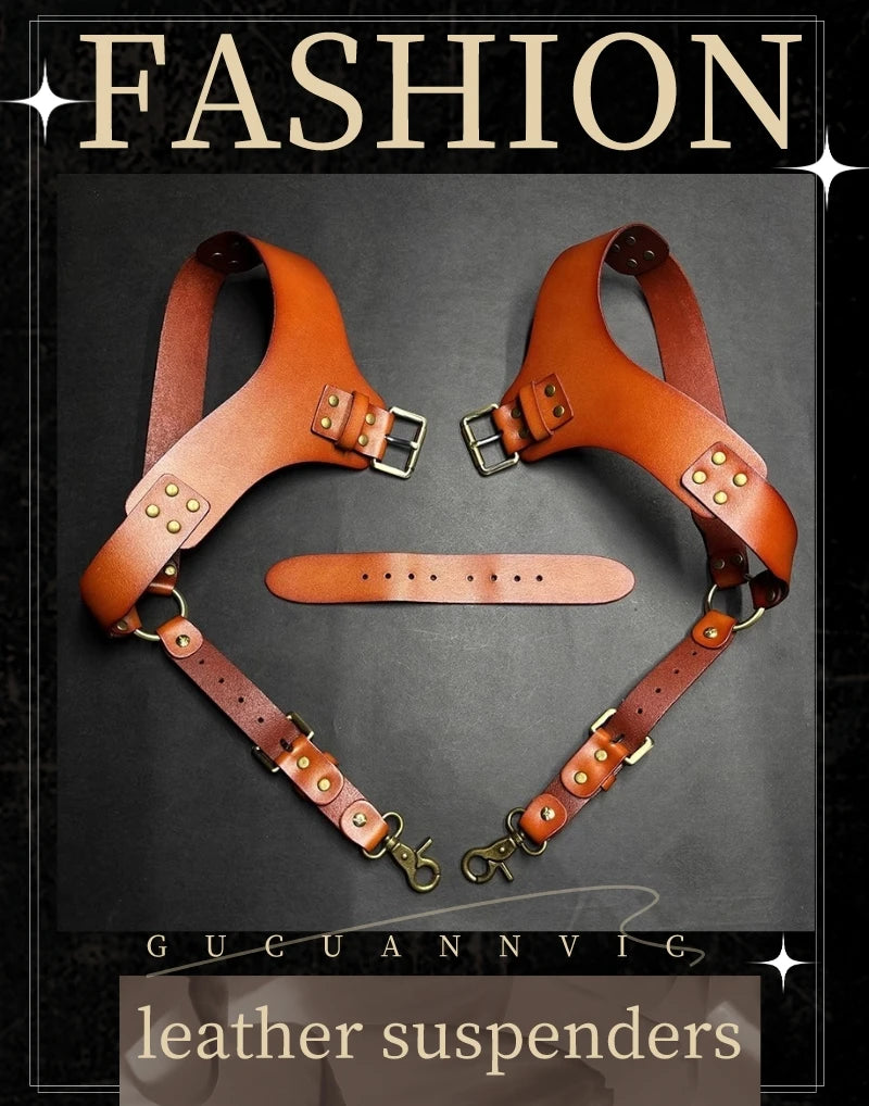 A pair of brown leather suspenders displayed against a dark background.