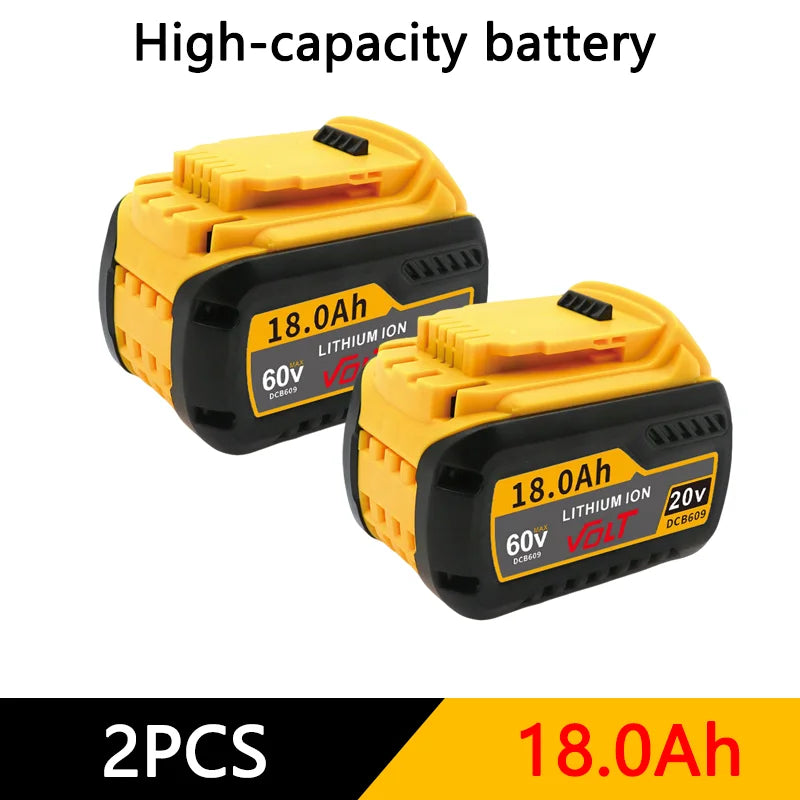 Two yellow high-capacity lithium-ion batteries labeled 18.0Ah and 60V for DeWalt power tools