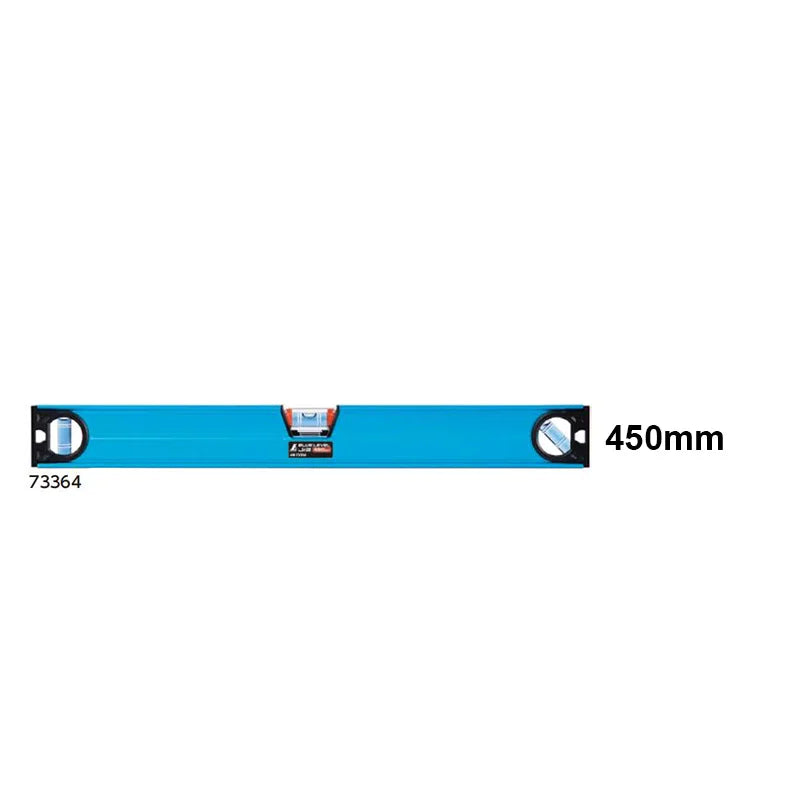 A blue precision bubble level ruler measuring 450mm with alignment markings.