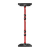 A red adjustable aluminum stair tread template tool with a flat base and vertical support rods.