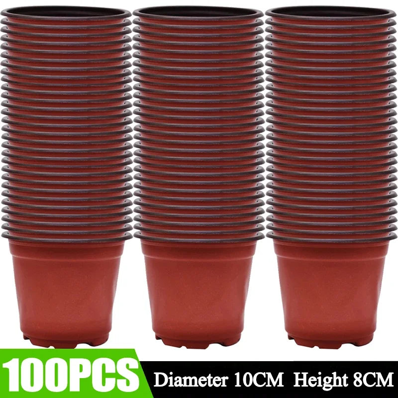 A set of 100 plastic seeding nursery pots in terracotta and dark brown colors.