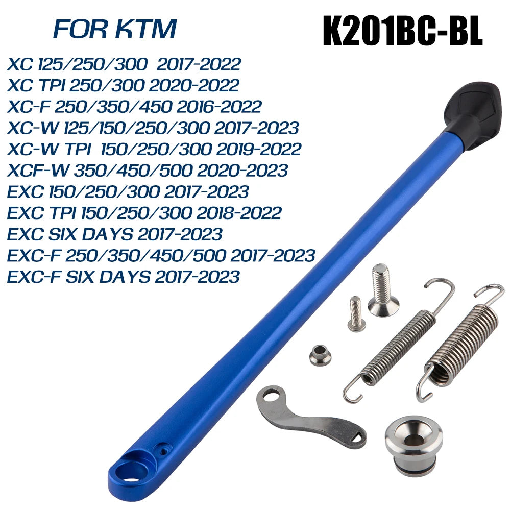 A blue motorcycle side stand kickstand kit for KTM, including various models and sizes.