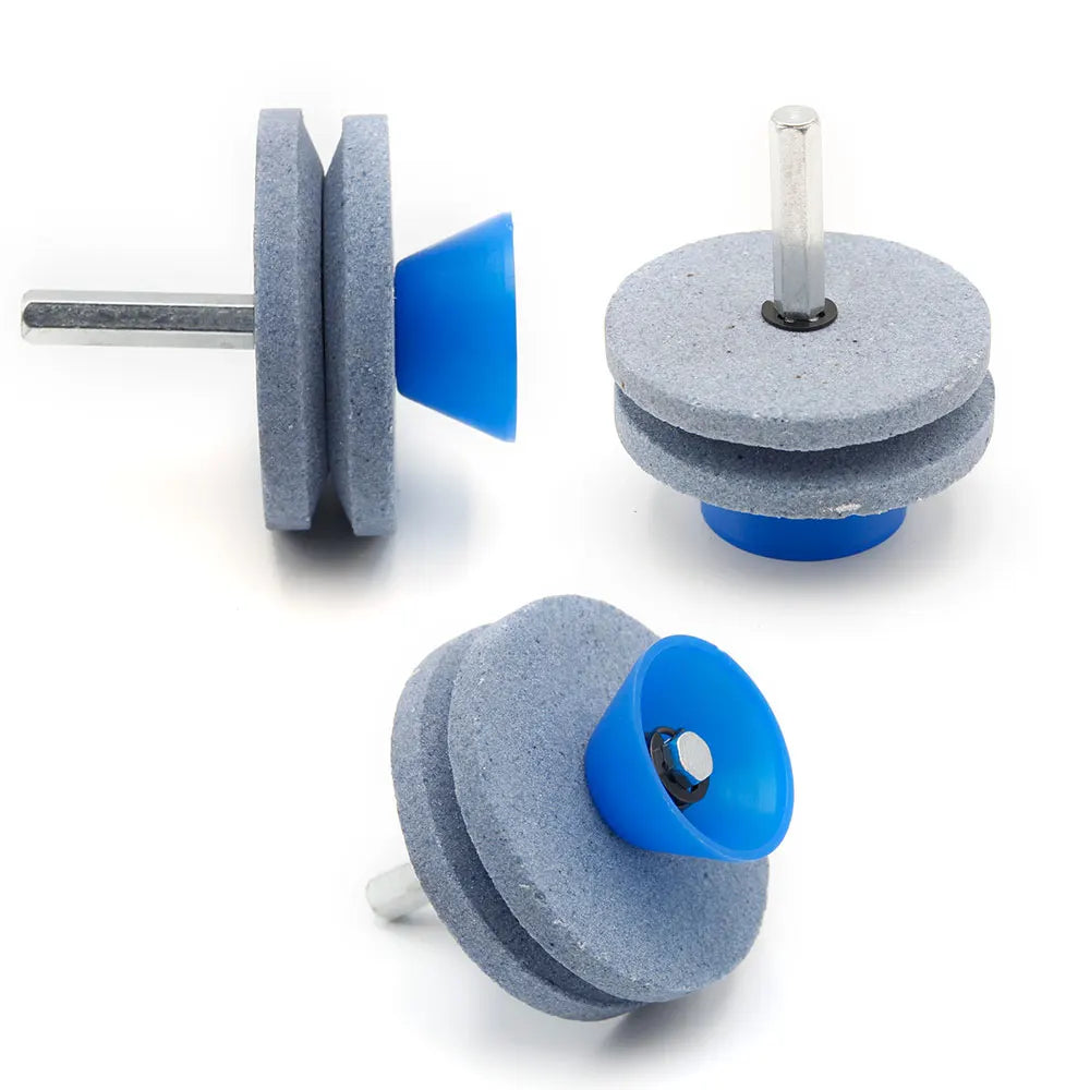 A set of electric grinding stones for knife sharpening, including a flat stone and a round stone.